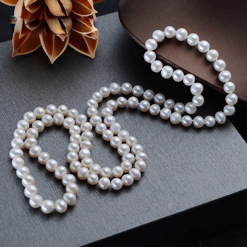 Fresh Water Near Round Pearl Sweater Necklace Woman Long Version Necklace White Double Laminated Wearing Autumn Winter Upscale Atmospheric Brief Gift