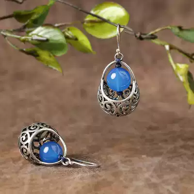 Ethnic style earrings blue agate silver earrings retro Chinese style cheongsam silver earrings ear clip summer Women