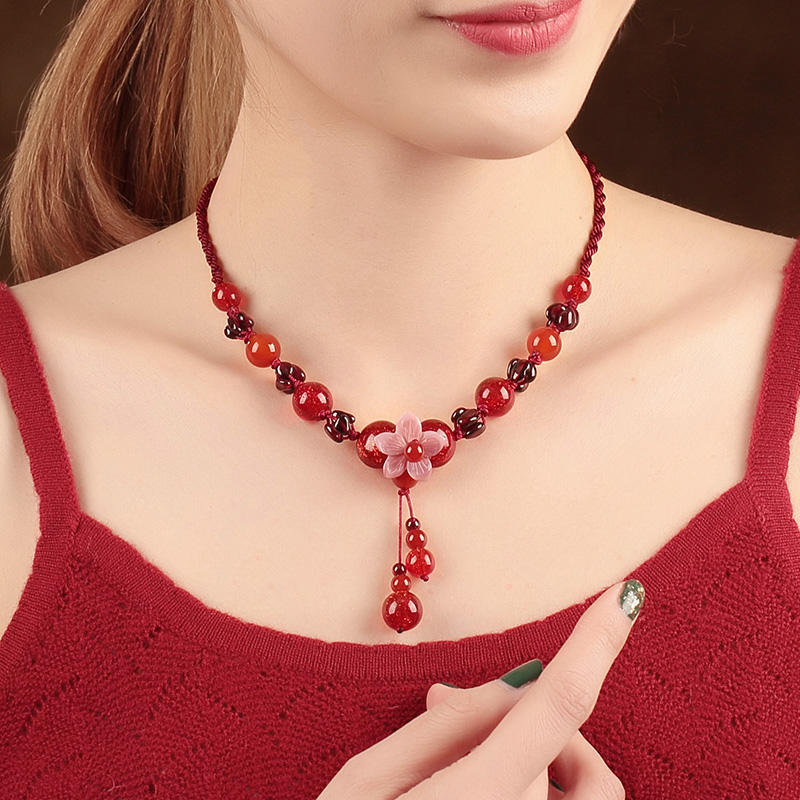 Ancient style red rope necklace short glass pendant Garnet clavicle vintage National style pendant ornaments female