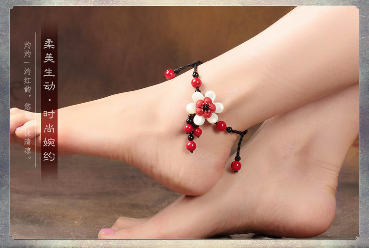 Loulan Inn Phong cách Trung Quốc vòng chân cinnabar ác linh tay dệt chuỗi chân đỏ retro quốc gia chân nữ trang sức cửa hàng phụ kiện