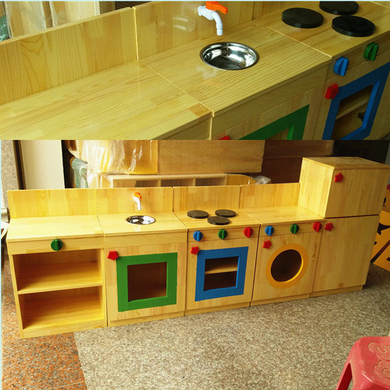 Kindergarten solid wood toy cabinet Kitchen combination five-piece children's wine toy simulation kitchen storage cabinet