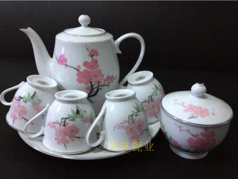 Liling Qunli old porcelain-hand-painted Plum bamboo 7-head tea set butterfly 70 s produced in the 70s