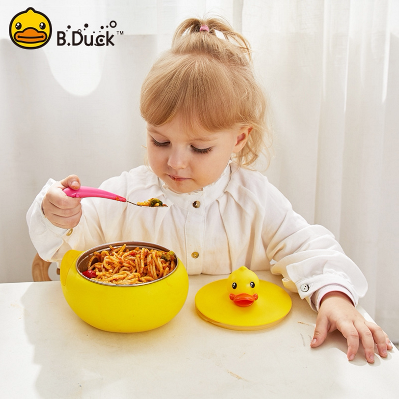 B Duck little yellow duck children's baby water injection insulation bowl tableware set Suction cup bowl Stainless steel baby supplementary food bowl