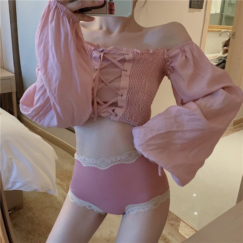 Pink Seamless High Waist Corset Panties Ladies Sexy Lace Trim Hip Lift Antibacterial Graphene Cotton Crotch Briefs