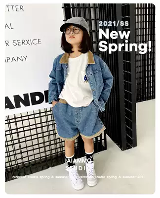 IAIAMMO Mimi original design spring and summer new product stitching denim jacket children denim shorts set
