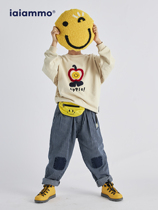 iaiammo original design three-dimensional towel embroidered foreign style apple smiling face thin sweater t-shirt casual children long sleeves