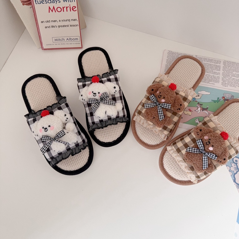 Cute Cartoon Plaid Dog Home Linen Slippers for Women, Summer Non-Slip Floor Slippers, Outdoor Wear, All-Season Cotton and Linen Slippers