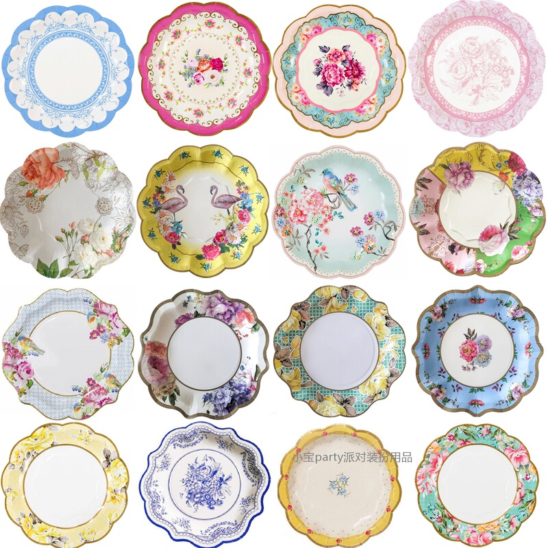 Disposable Paper Plate with Blue and White Porcelain Chinese Style Retro Large Flower Plate for Party Afternoon Tea Dessert Cake Snack Plate