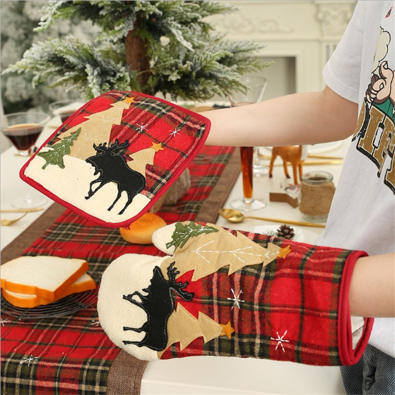 Christmas decorations plaid cloth stickers insulation gloves microwave oven gloves mat insulation placemats home