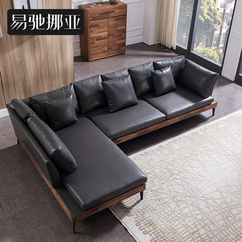 Easy to move sub-furniture Nordic minimalist living-room genuine leather sofa black walnut wood solid wood Princess Corner Sofa Combo