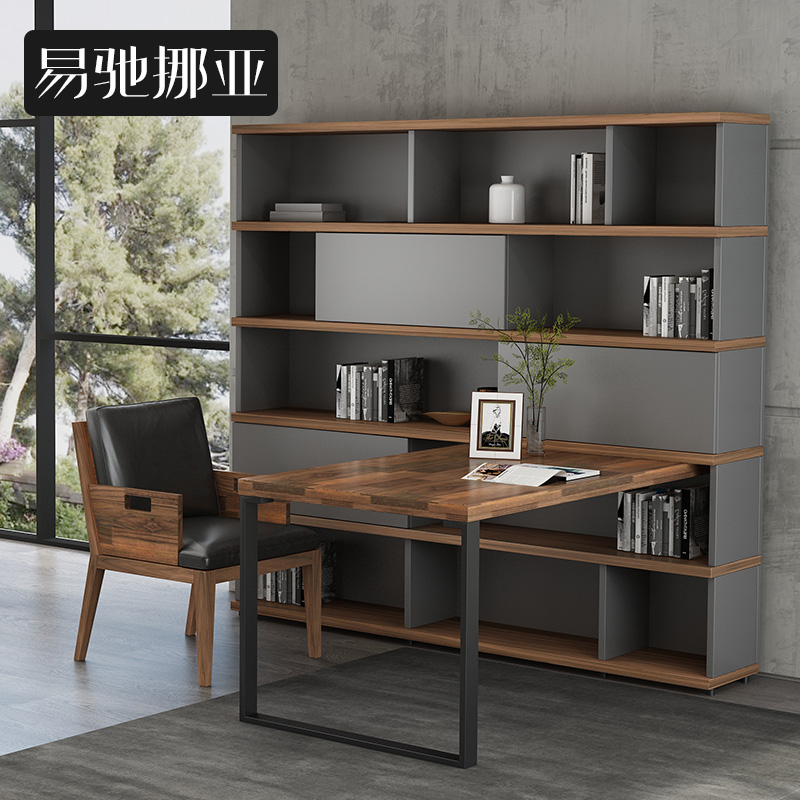 Easy to move Ahome innate book house with bookcase desk combination small family solid wood desk black walnuts wood desk