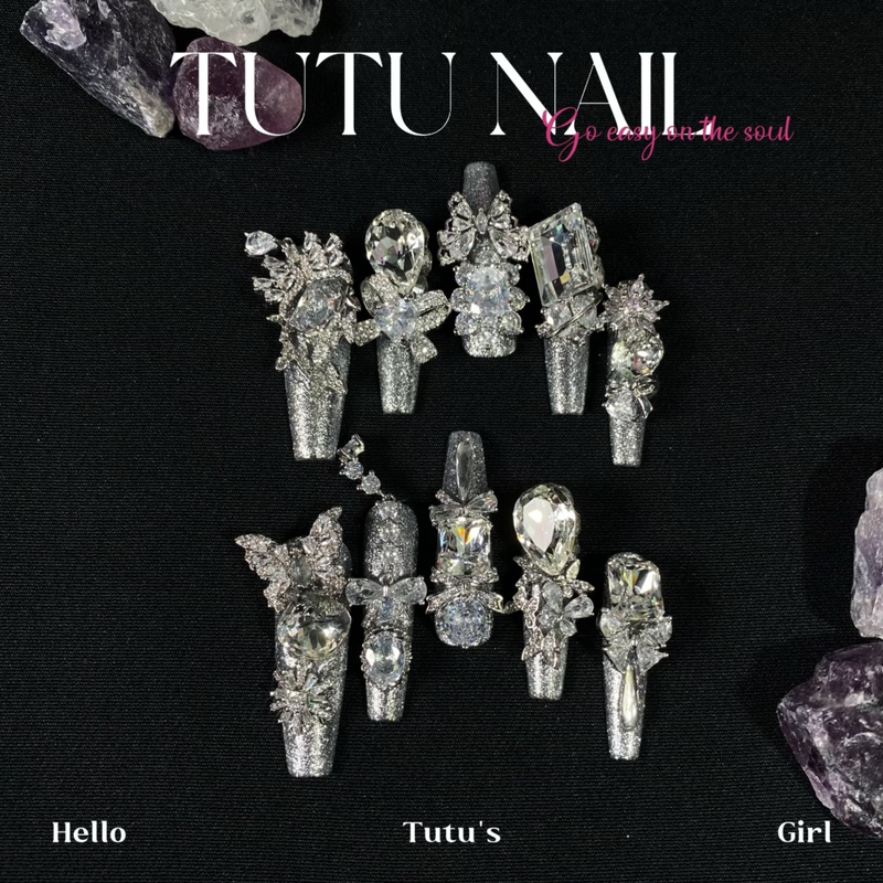 【Silver Moon】Tutu Nail Handmade Wearable Nail Art, Brightening, Heavy-Duty, Sparkling Silver Wedding Nails, Butterfly Chain, Extra Long