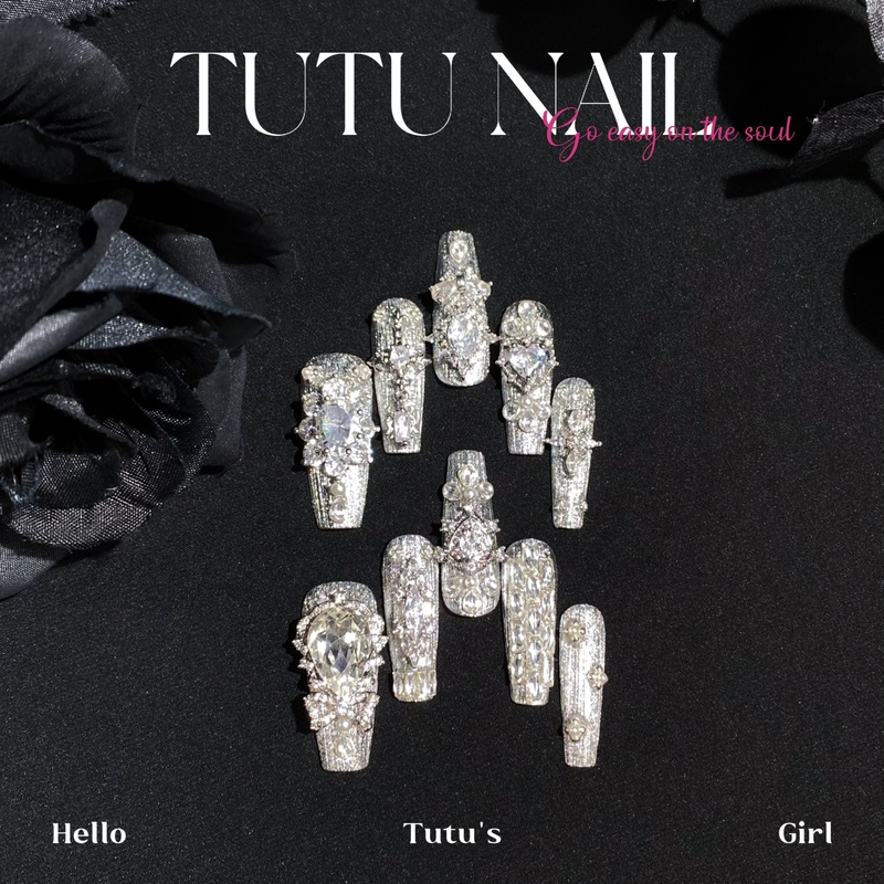 【Silver Dust】Tutu Nail Handmade Wearable Nail Art New Year Metallic Buccellati Wedding Nails Heavy Craft High-End Winter