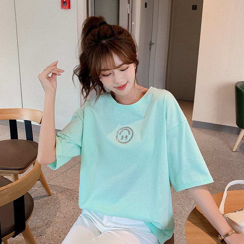 Light GreenShort sleeve T-shirt female easy 2021 Spring and summer new pattern Women's wear Sequins Polychromatic smiling face Simple and versatile Half sleeve jacket female