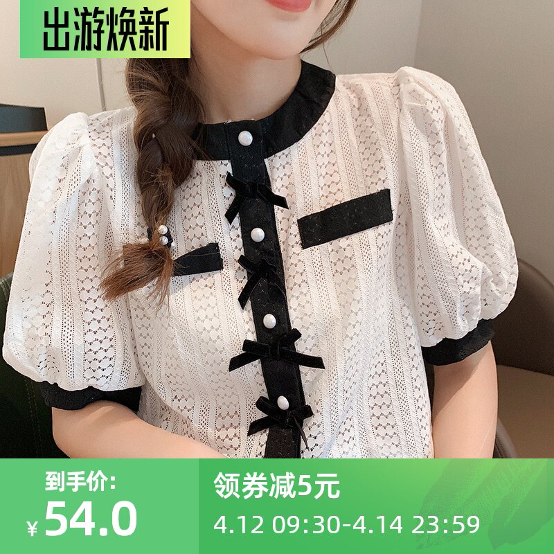 小众2021春夏新款泡泡袖气质甜美镂空蝴蝶结衬衣女