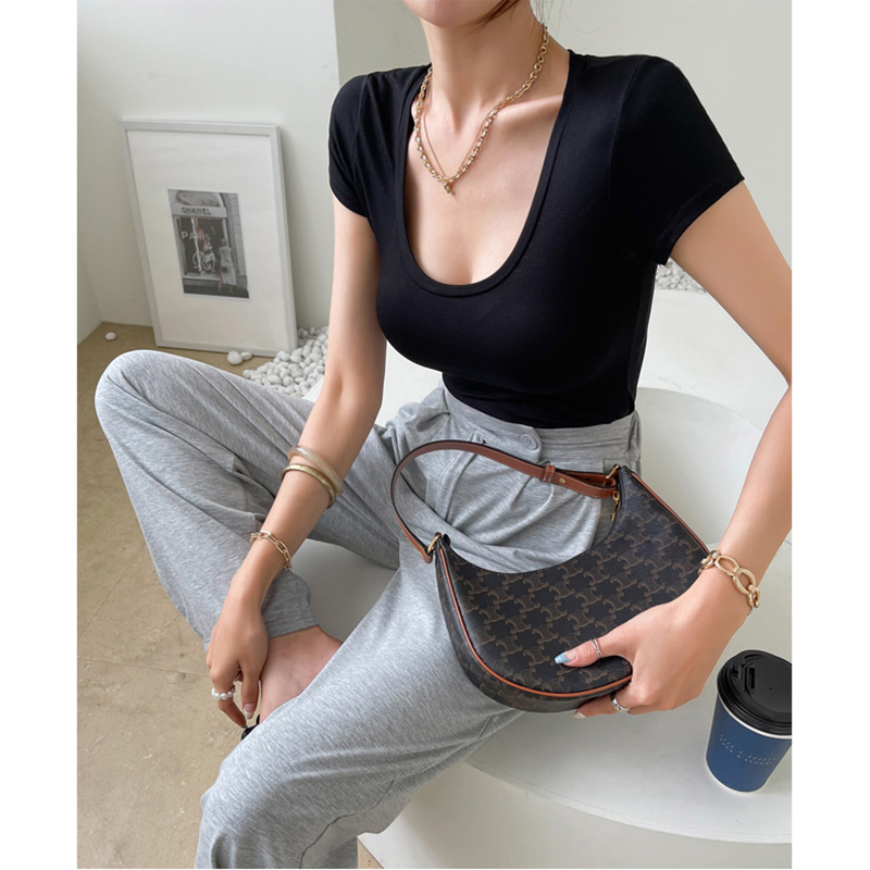Black Short-Sleeved Low U-Neck T-Shirt for Women, New Summer Style, Sexy Inner Wear, Stylish Slim-Fit French Collarbone Square-Neck Top
