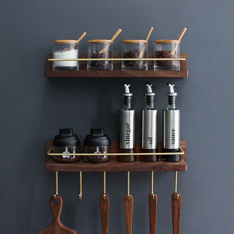 Black walnut solid wood kitchen rack kitchen utensils hook multi-functional seasoning bottle seasoning storage rack wall hanging free of punching