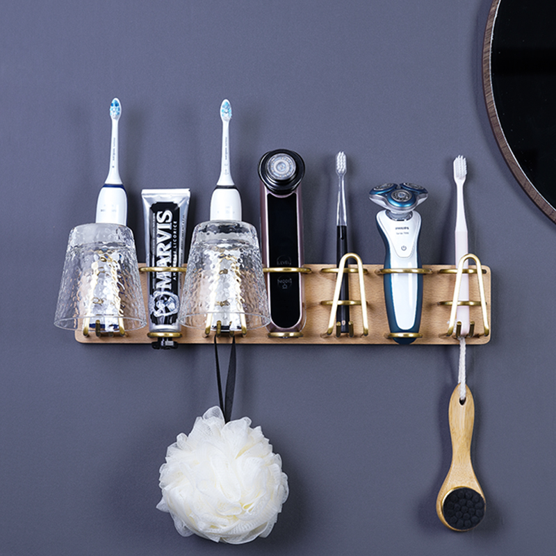 Bathroom solid wood electric toothbrush razor storage rack wall-mounted mouthwash cup holder free punching hair dryer rack