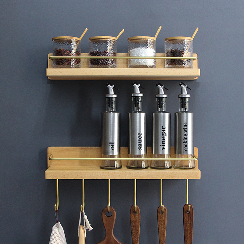 Solid wood kitchen brass rack kitchenware hook storage rack multi-functional seasoning bottle wall rack free punch