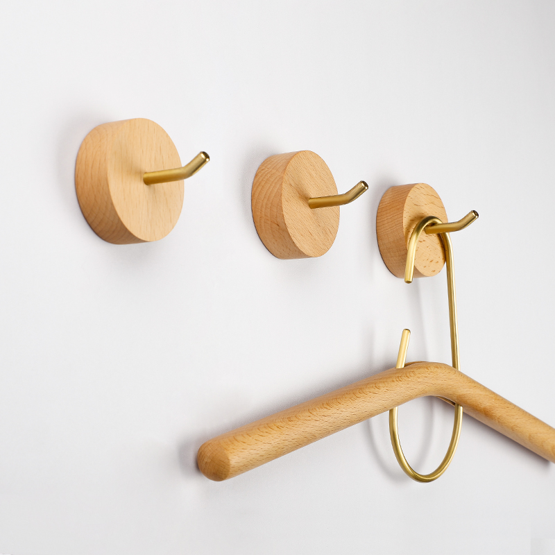 Round hook brass solid wood household clothes hat sticky hook free punching nails into the door wall wall key storage