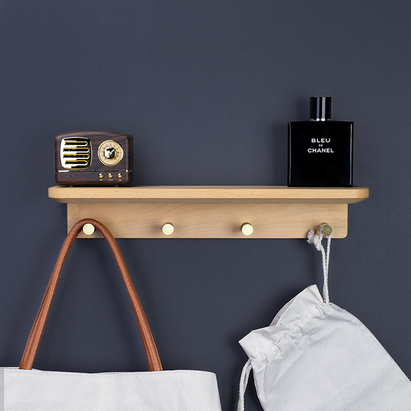 Nordic solid wood entrance shelf entry key storage hook brass creative clothes hook wall hanging free of punching