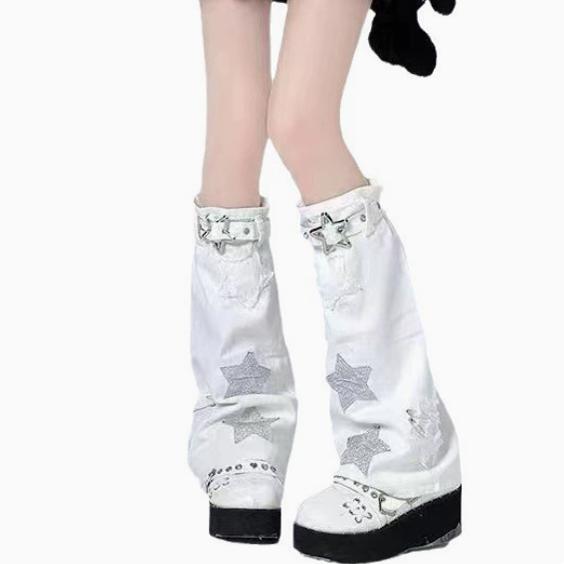 Y2K Subculture Hot Girl Star-Patterned Leg Warmers Cosplay Denim Star Wide-Leg Socks Punk Niche Mid-Calf Jk Women's Socks Y2K Subculture Hot Girl Star-Patterned Leg Warmers Cosplay Denim Star Wide-Leg Socks Punk Niche Mid-Calf Jk Women's Socks