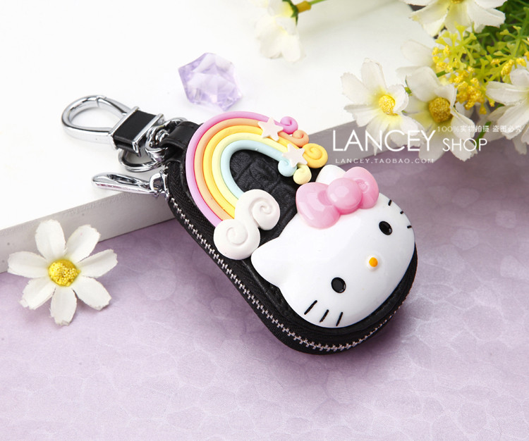 Cao cấp kitty phim hoạt hình túi chìa khóa nữ Hàn Quốc sáng tạo dễ thương xe da móc khóa nữ móc túi thắt lưng treo dây móc ví nam