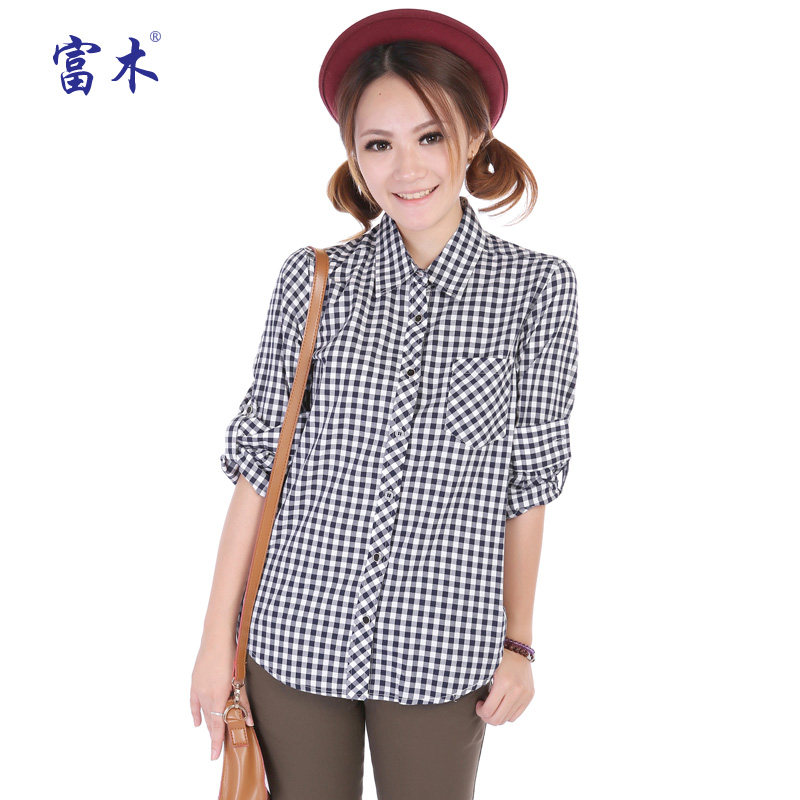 Rich wood women's autumn Japanese cotton long-sleeved plaid shirt women's shirt CF4140