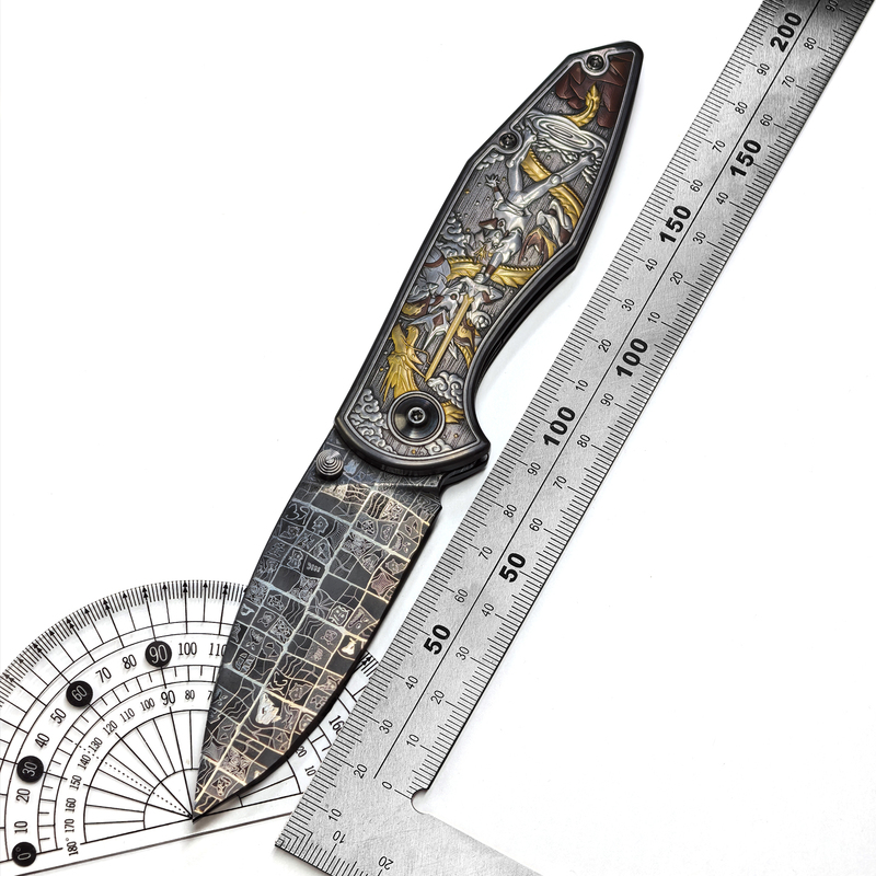 Bach Studio Intangible Cultural Heritage Divine Dragon Fighter Folding Knife Iron Cutting Gold Craft High-End Damascus Folding Knife Edc