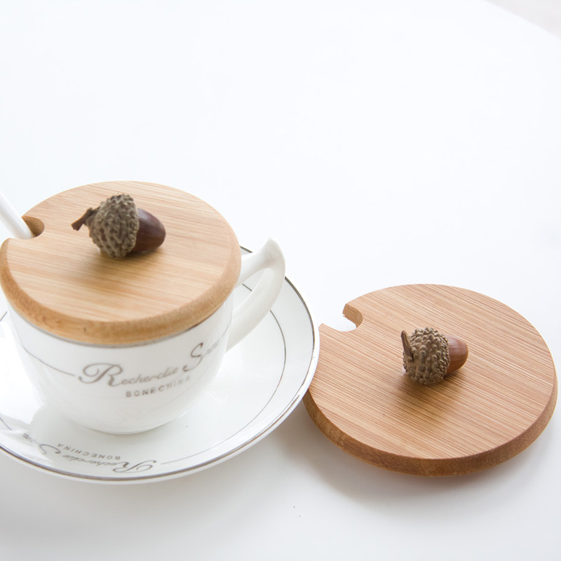 Creative dustproof and environmental protection solid wood bamboo diy handmade Mark teacup accessories Water coffee cup cover Acorn section