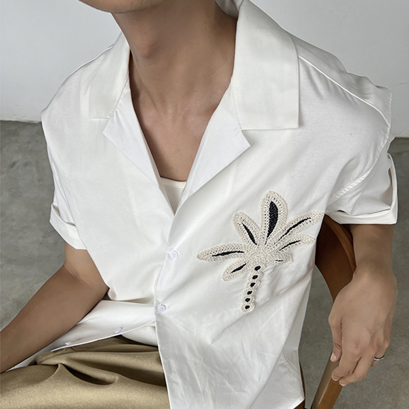 Korean Style Coconut Tree Embroidered Short-Sleeve Shirt, Vacation Style, Loose, Niche, Versatile Jacket, Short-Sleeve Shirt Top