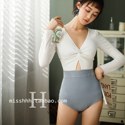 ins high-end light luxury belly-covering slimming conservative conservative color long-sleeved sexy soft waxy haze blue one-piece swimsuit women hot spring