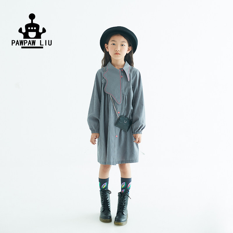 Pawpaw Liu original design girl autumn dress foreign dress 2021 new pint grey striped shirt skirt long sleeve cotton