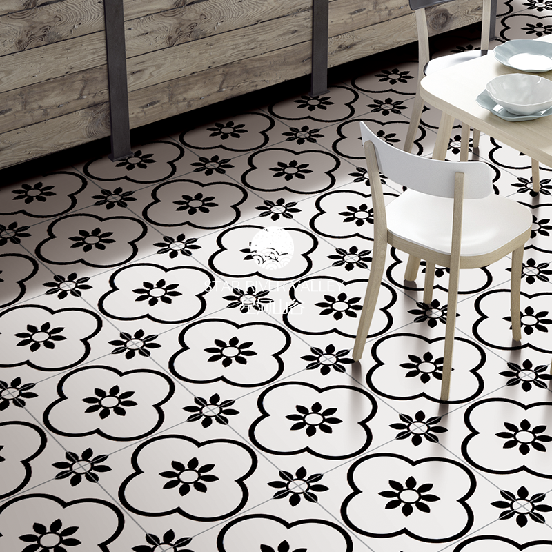 Vintage black and white tiles Antique non-slip floor tiles Nordic kitchen Dining room Living Room balcony Powder Room tiles 300