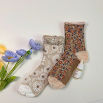 Left split home 2020 socks womens mid-tube socks ins tide autumn pure cotton floral pile socks Japanese loose crimped long tube