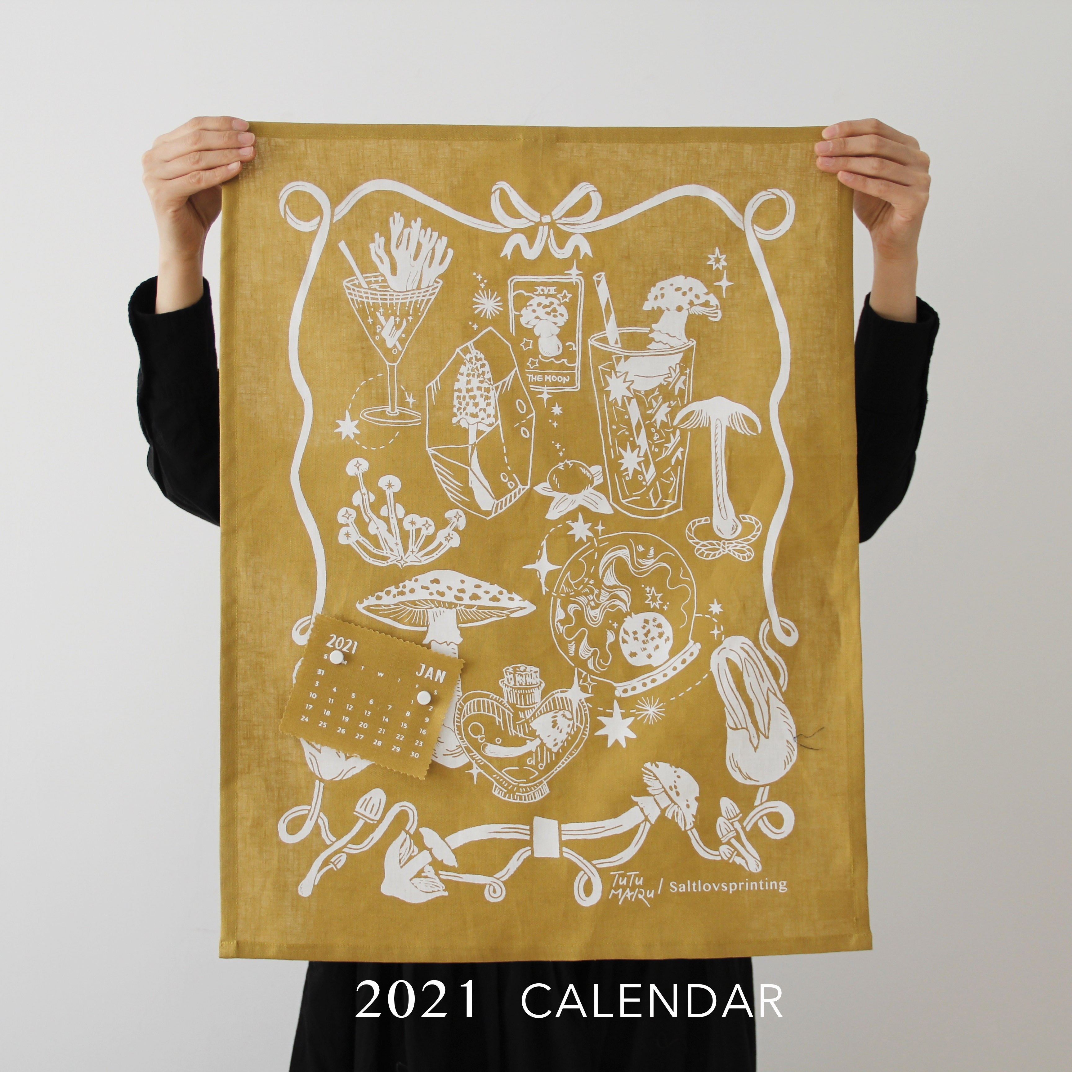 Salt Ba Handmade Figure Brigade 2021 2022 Hand Printed Pure Linen Calendar Hanging Cloth Mushroom Magic World