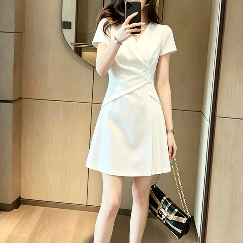 Plus-Size French-Style Elegant V-Neck Short-Sleeve Dress, White Waist-Cinching Slimming A-Line Dress, High-End Feel, Petite T-Shirt Dress Plus-Size French-Style Elegant V-Neck Short-Sleeve Dress, White Waist-Cinching Slimming A-Line Dress, High-End Feel, Petite T-Shirt Dress
