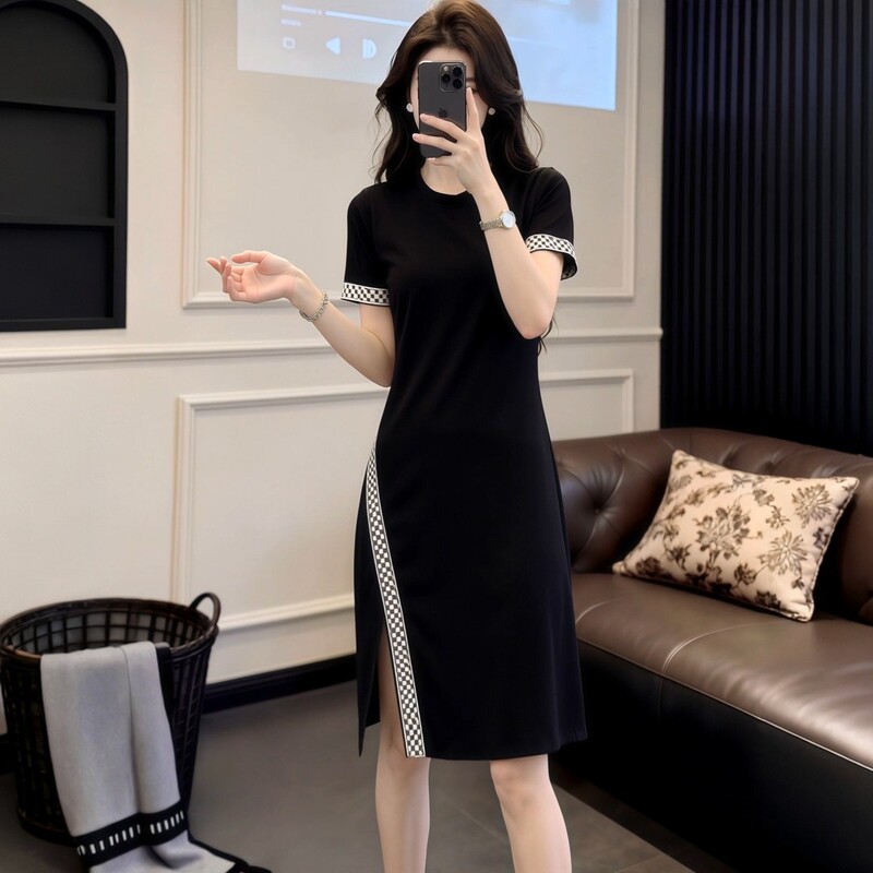 Plus-Size Women's Simple Black Dress, Summer Plaid Patchwork Slit Midi Dress, Stunning and Unique, Trendy Hepburn Dress Plus-Size Women's Simple Black Dress, Summer Plaid Patchwork Slit Midi Dress, Stunning and Unique, Trendy Hepburn Dress