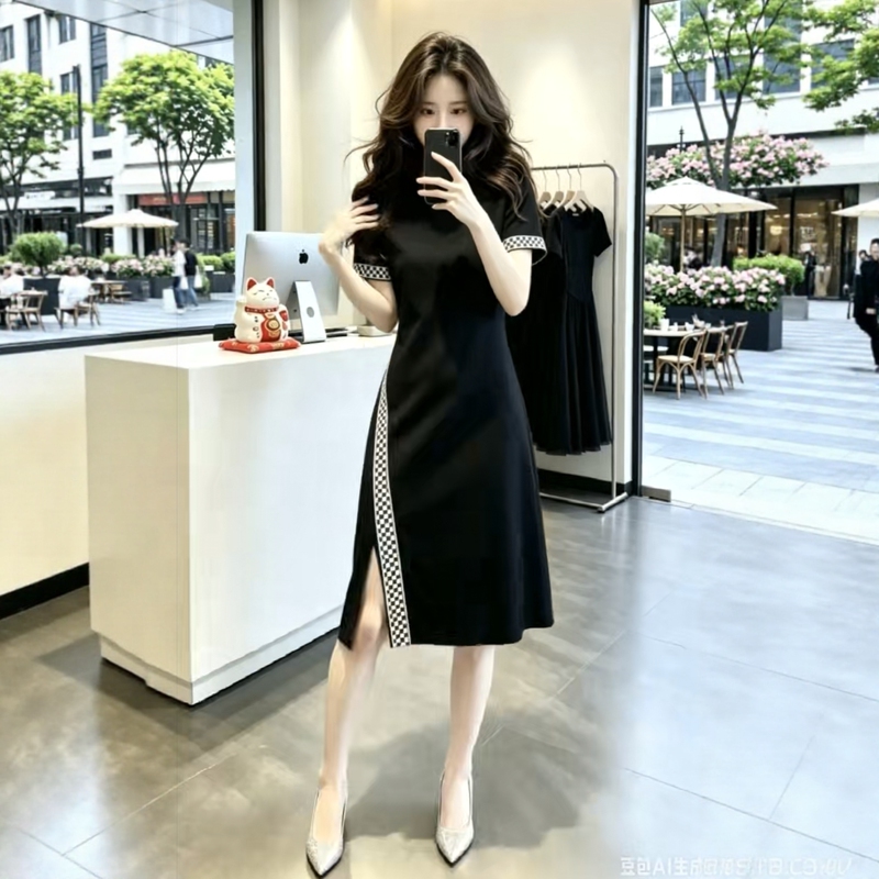 Plus-Size Black Dress for Women with a High-End Feel, Waist-Cinching, Slimming, Tummy-Concealing, Slit Mid-Length Dress, Form-Fitting Dress