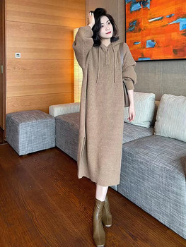 Plus size fat sister knitted sweater dress women's autumn and winter new matching coat with long hooded sweater skirt