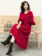 Plus size women's dress 2022 new autumn sweater female fat sister red knee-length knitted lantern sleeve skirt