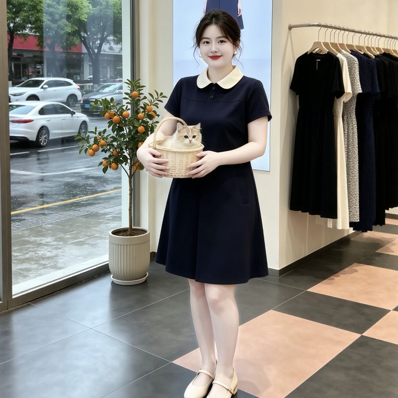 Fat Girl Style Doll Collar Short-Sleeved Dress for Women, Black A-Line Skirt, Slimming for Commuting, Age-Reducing Outfit for Petite Women, Shirt Dress Fat Girl Style Doll Collar Short-Sleeved Dress for Women, Black A-Line Skirt, Slimming for Commuting, Age-Reducing Outfit for Petite Women, Shirt Dress