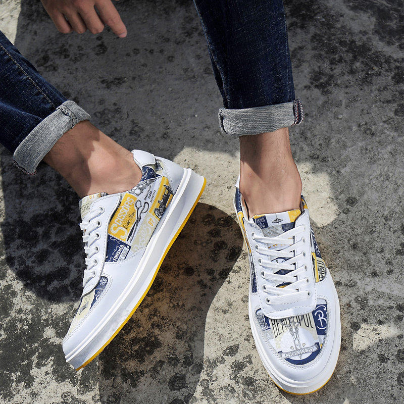 Tide brand white shoes men's leather graffiti trend all-match fashion low-top personality casual small 36 large size 46 canvas shoes