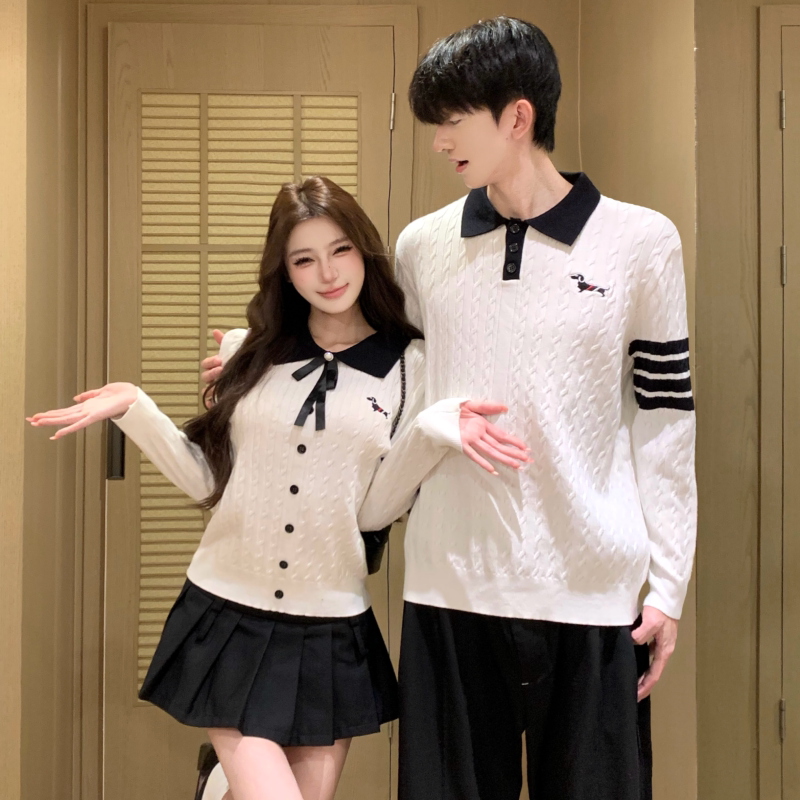 Academy-Style Polo Collar Couple's Sweater with High-End Feel, Dog Embroidery Knitwear, Autumn and Winter 2026 New Autumn Model Academy-Style Polo Collar Couple's Sweater with High-End Feel, Dog Embroidery Knitwear, Autumn and Winter 2026 New Autumn Model