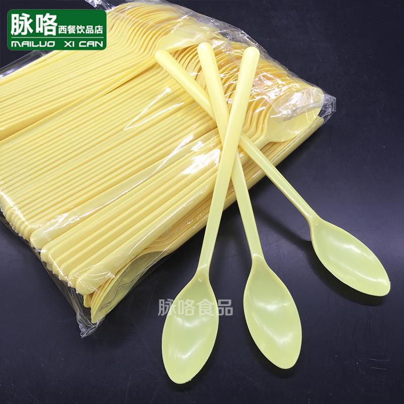 Disposable long ice spoon long ice spoon long handle plastic spoon Roasted fairy grass double skin milk ice porridge special spoon 10 packs