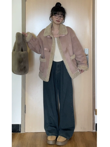 Средне-розовое шерстяное женское цельное шерстяное пальто ранней осени из грубой шерсти, маленький короткий стиль