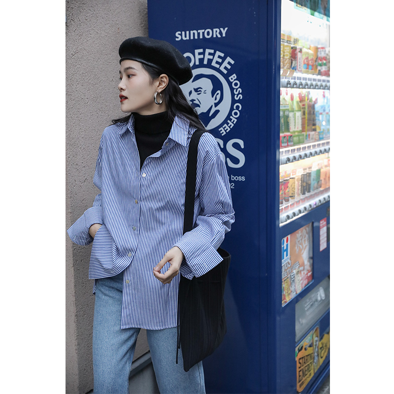 Mending blue vertical stripe long-sleeved shirt Women's Korean design sense niche top jacket 2021 early autumn shirt