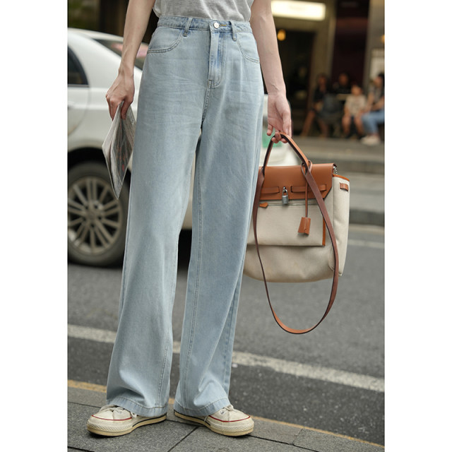 MiDing dark blue jeans women's spring high-waisted straight wide-leg pants retro American high street trousers for small people