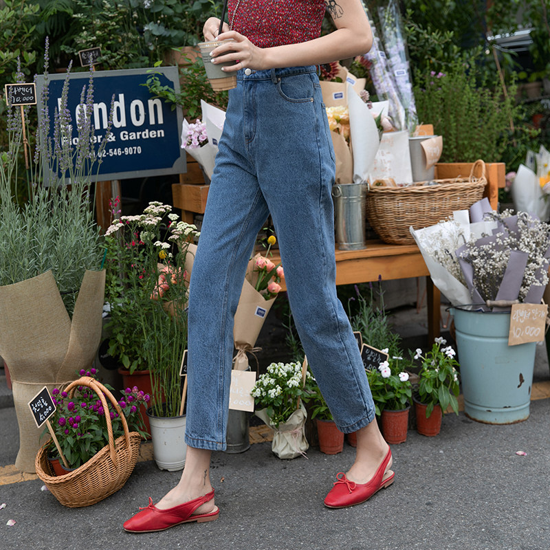 Find a blue high waist jeans female spring and autumn 2022 new tube pants small number nine-point pants