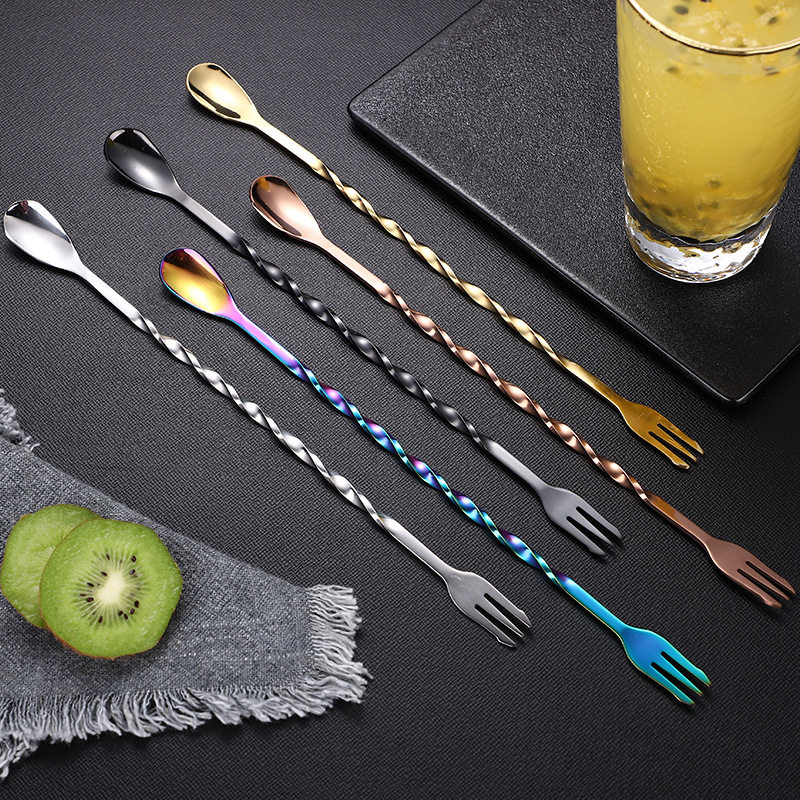 Thread 304 Stainless Steel Ice Spoon Creative Tune Bar Spoon Long Handle Stirring Bar Lengthened Milk Tea Spoon Double Head Spoon Fruit Fork 